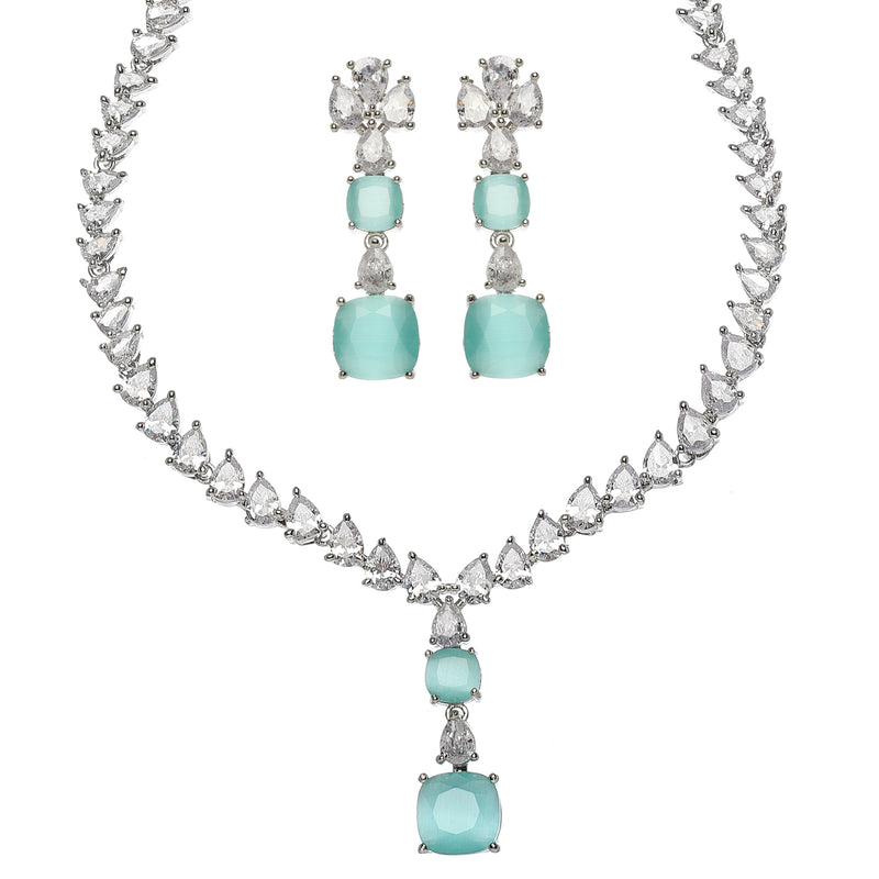 Rhodium-Plated Sea Green Square American Diamonds Studded Pendulous Necklace & Earrings Jewellery Set