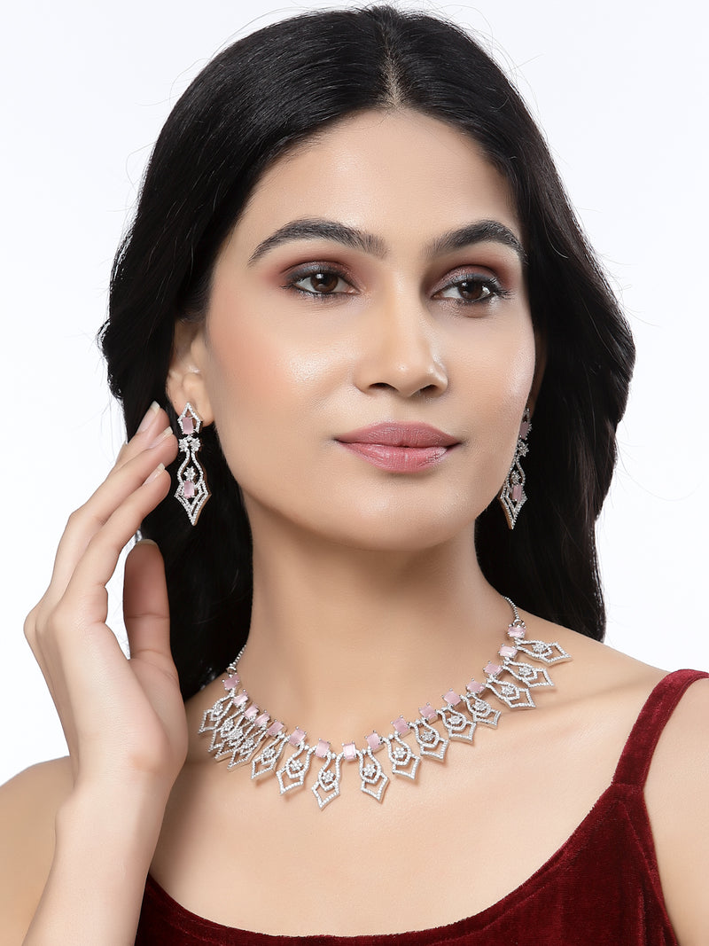 Rhodium-Plated Pink American Diamond Studded Tempted Necklace & Earrings Jewellery Set
