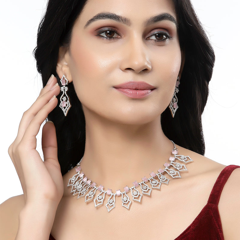 Rhodium-Plated Pink American Diamond Studded Tempted Necklace & Earrings Jewellery Set