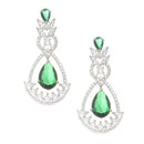 Rhodium-Plated Green American Diamond studded Teardrop & Leaf Shaped Drop Earrings
