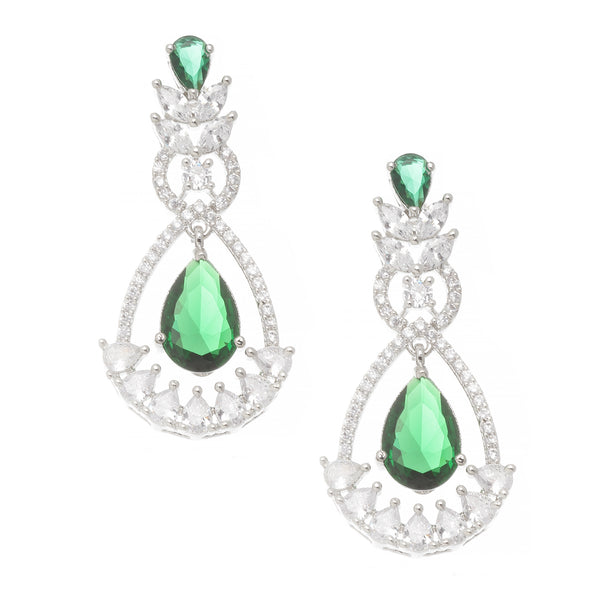 Rhodium-Plated Green American Diamond studded Teardrop & Leaf Shaped Drop Earrings