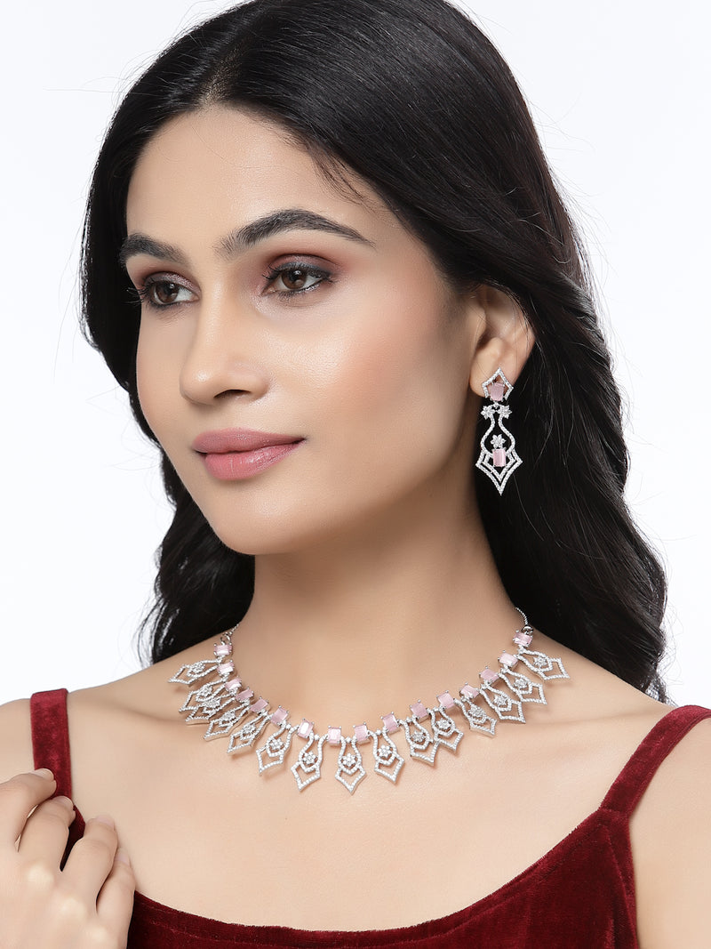 Rhodium-Plated Pink American Diamond Studded Tempted Necklace & Earrings Jewellery Set