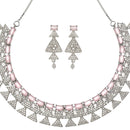 Rhodium-Plated Pink American Diamond Studded Triangular Design Necklace & Earrings Jewellery Set