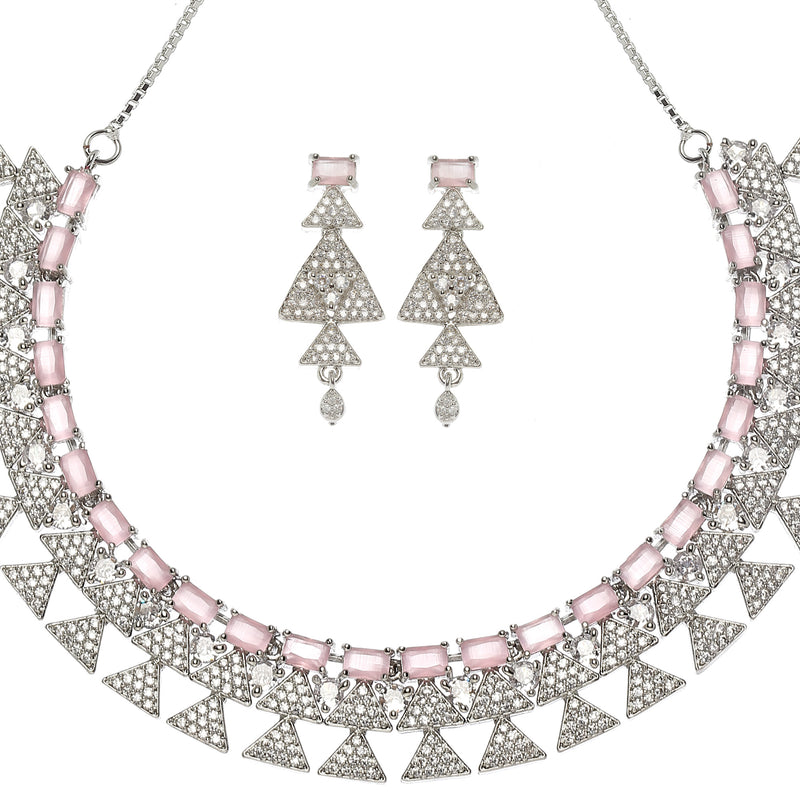 Rhodium-Plated Pink American Diamond Studded Triangular Design Necklace & Earrings Jewellery Set