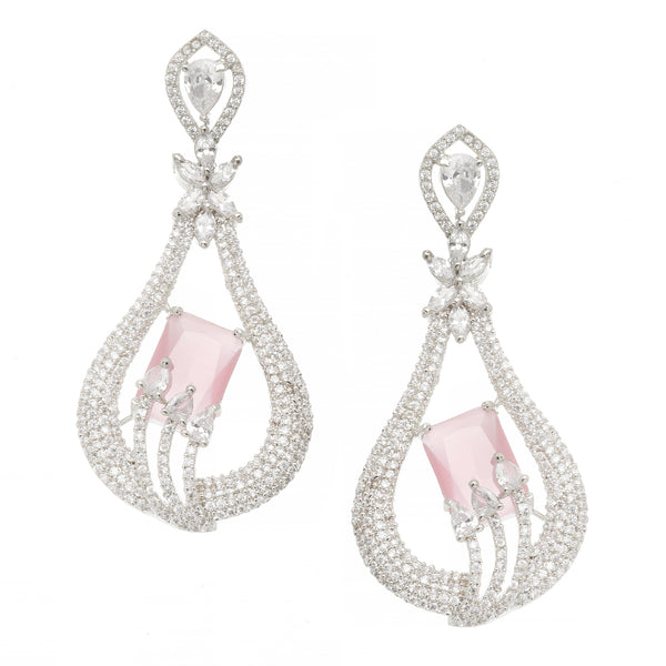 Rhodium-Plated Pink American Diamond studded Handcrafted Quirky Shaped Drop Earrings