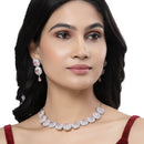 Rhodium-Plated Pink Cubic Zirconia Studded Necklace with Earrings Jewellery Set