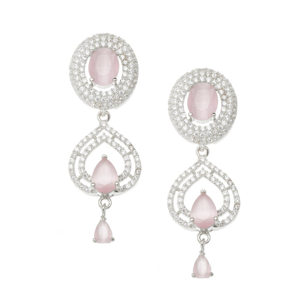 Rhodium-Plated Pink American Diamond studded Handcrafted Oval & Teardrop Shaped Drop Earrings