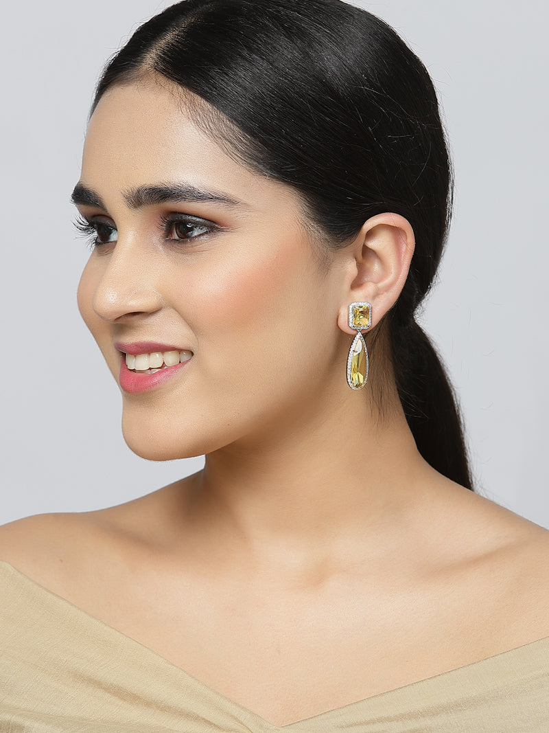 Rhodium-Plated Yellow & White American Diamond studded Teardrop Shaped Drop Earrings