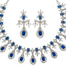 Rhodium-Plated Navy Blue American Diamond Studded Designer Necklace & Earrings Jewellery Set