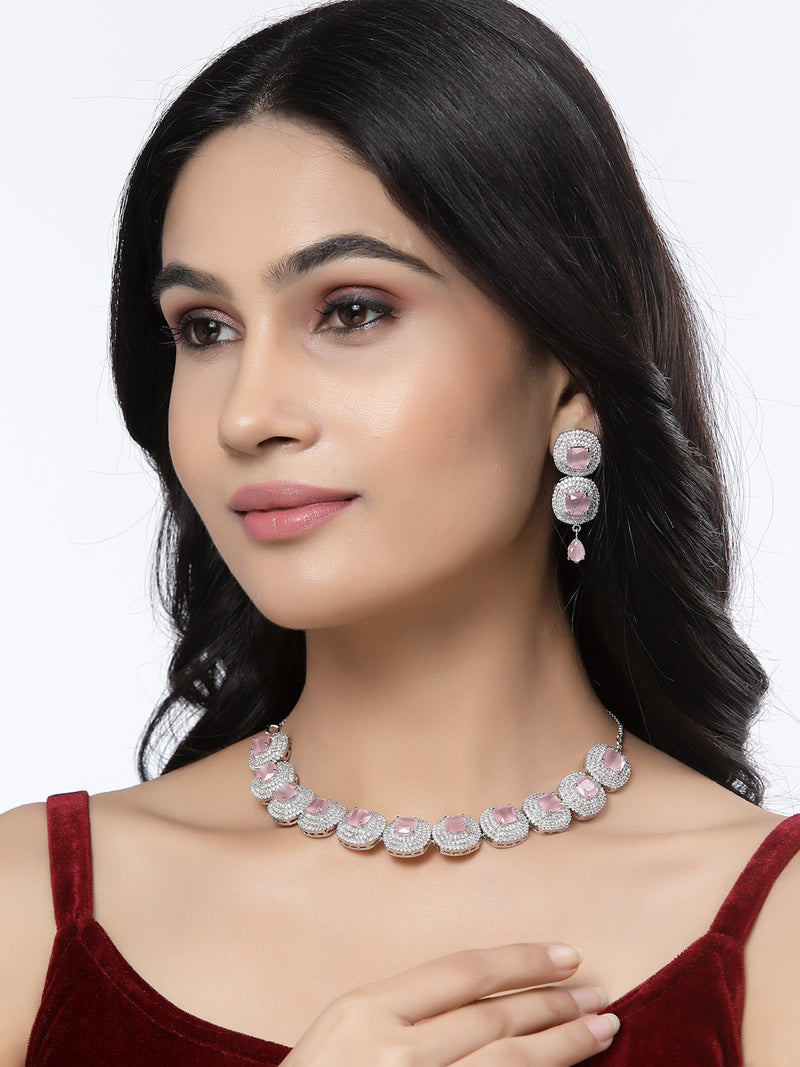 Rhodium-Plated Pink Cubic Zirconia Studded Necklace with Earrings Jewellery Set