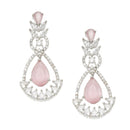 Rhodium-Plated Pink American Diamond studded Teardrop & Leaf Shaped Drop Earrings