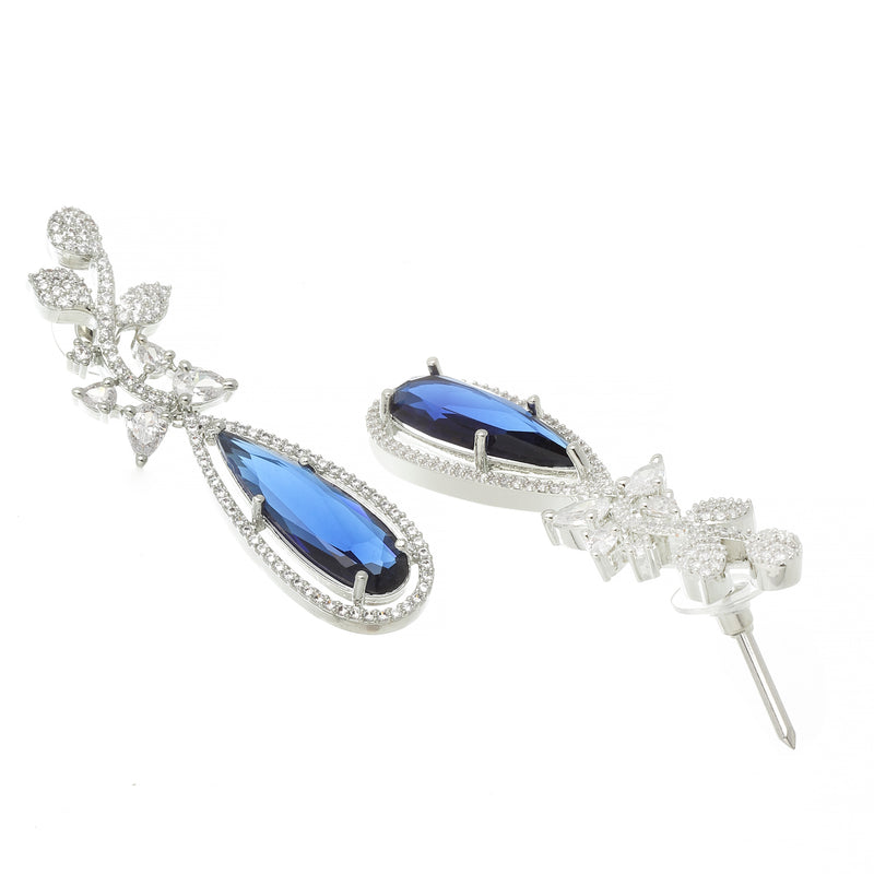 Rhodium-Plated Navy Blue American Diamond studded Teardrop & Leaf Shaped Drop Earrings