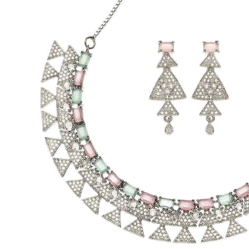 Rhodium-Plated Sea Green & Pink American Diamond Studded Triangular Design Necklace & Earrings Jewellery Set
