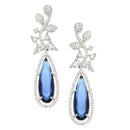 Rhodium-Plated Navy Blue American Diamond studded Teardrop & Leaf Shaped Drop Earrings