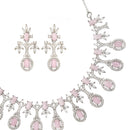 Rhodium-Plated Pink American Diamond Studded Designer Necklace & Earrings Jewellery Set