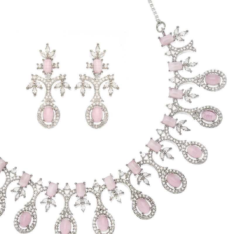 Rhodium-Plated Pink American Diamond Studded Designer Necklace & Earrings Jewellery Set