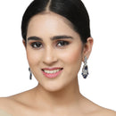 Rhodium Plated Oval Blue American Diamond Contemporary Long Drop Earrings