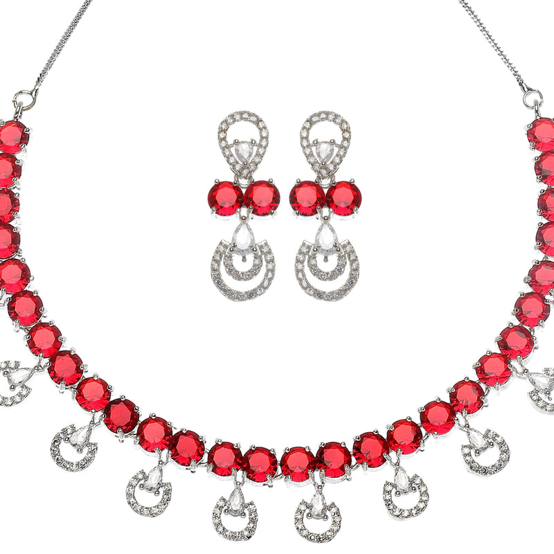Rhodium-Plated Red American Diamonds Studded Contemporary Necklace & Earrings Jewellery Set