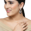 Rhodium-Plated Navy Blue & White American Diamond studded Oval & Leaf Shaped Drop Earrings