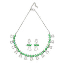 Rhodium-Plated Green American Diamonds Studded Cordate Necklace & Earrings Jewellery Set