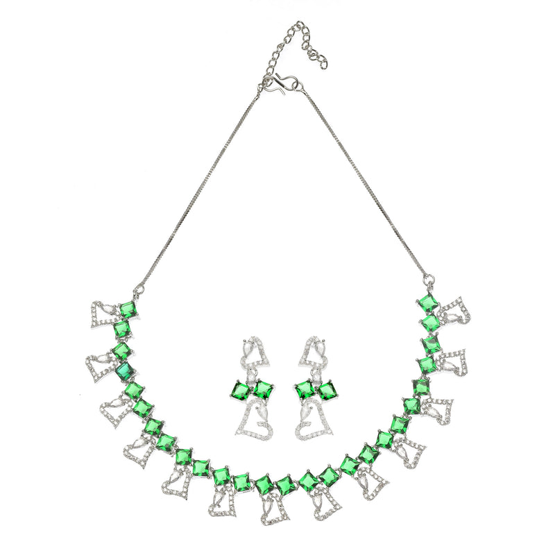 Rhodium-Plated Green American Diamonds Studded Cordate Necklace & Earrings Jewellery Set