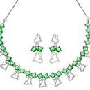Rhodium-Plated Green American Diamonds Studded Cordate Necklace & Earrings Jewellery Set