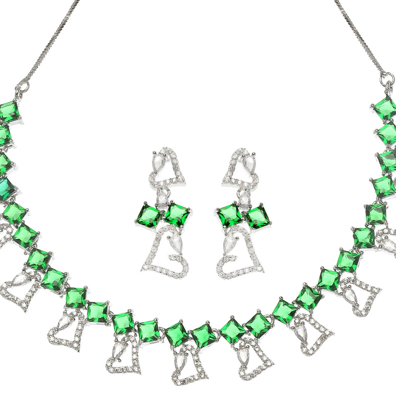 Rhodium-Plated Green American Diamonds Studded Cordate Necklace & Earrings Jewellery Set