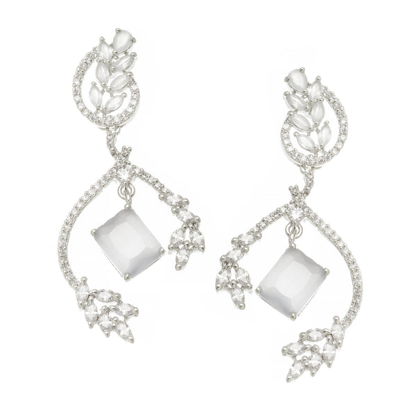 Rhodium-Plated Grey American Diamond studded Square & Leaf Shaped Drop Earrings