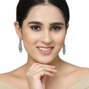 Rhodium-Plated Sea Green & White American Diamond studded Oval & Leaf Shaped Drop Earrings
