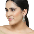 Rhodium-Plated Sea Green & White American Diamond studded Oval & Leaf Shaped Drop Earrings