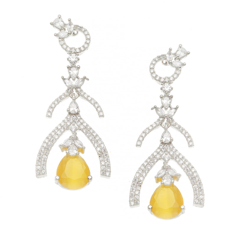 Rhodium-Plated Yellow American Diamond studded Teardrop & Quirky Shaped Drop Earrings