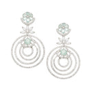 Rhodium-Plated Sea Green & White American Diamond studded Floral & Circular Layered Drop Earrings