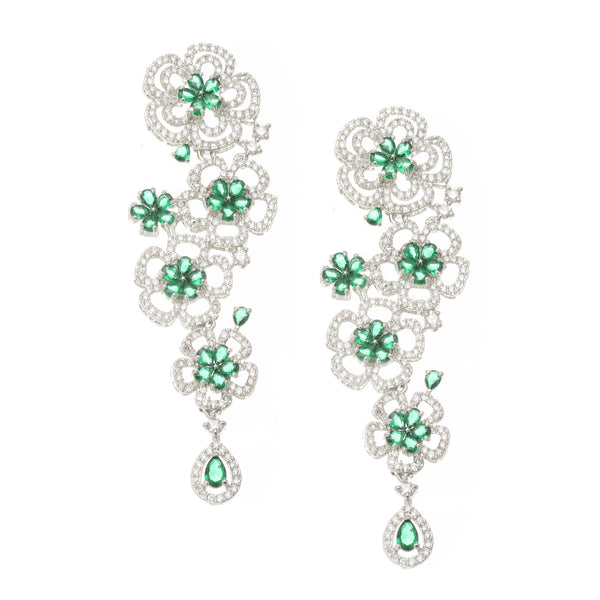 Rhodium-Plated Green & White American Diamond studded Floral Chandelier Drop Earrings