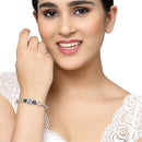 Rhodium-Plated Silver Toned Square Shaped Royal Blue American Diamond Studded Bracelet