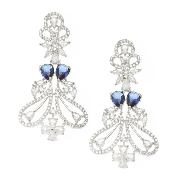 Rhodium-Plated Navy Blue & White American Diamond studded Paisley Shaped Drop Earrings