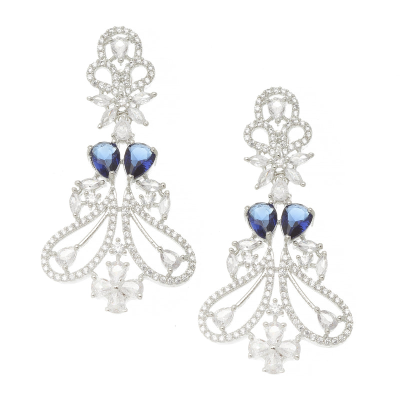 Rhodium-Plated Navy Blue & White American Diamond studded Paisley Shaped Drop Earrings