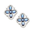 Rhodium-Plated Navy Blue American Diamond studded Floral Shaped Stud Earrings