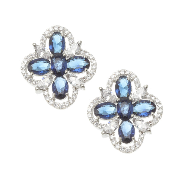Rhodium-Plated Navy Blue American Diamond studded Floral Shaped Stud Earrings