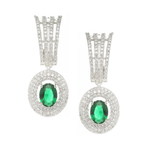 Rhodium-Plated Green American Diamond studded Handcrafted Oval Shaped Drop Earrings