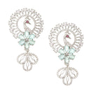 Rhodium-Plated Sea Green American Diamond studded Handcrafted Peacock Shaped Drop Earrings