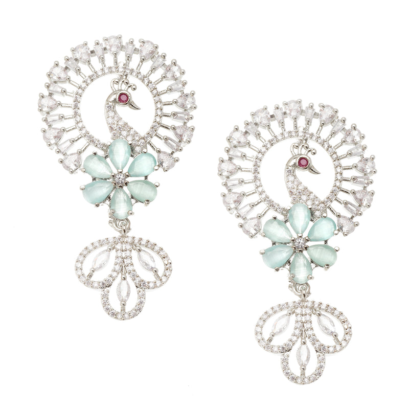 Rhodium-Plated Sea Green American Diamond studded Handcrafted Peacock Shaped Drop Earrings