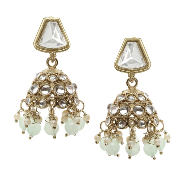 Gold-Plated Kundan & Sea Green Pearls studded Dome Shaped Mirror Jhumka Earrings