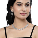 Rhodium-Plated Pink & Sea Green Round Shape American Diamonds Studded Necklace & Earrings Jewellery Set