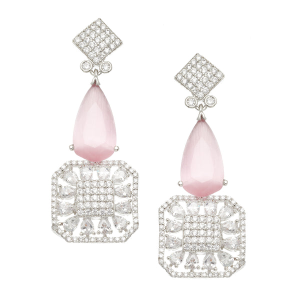 Rhodium-Plated Pink & White American Diamond studded Square & Teardrop Drop Earrings