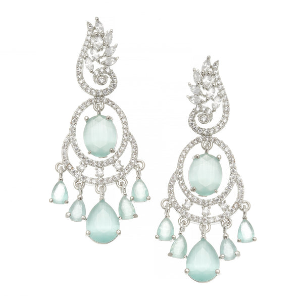 Rhodium-Plated Sea Green & White American Diamond studded Oval & Leaf Shaped Drop Earrings