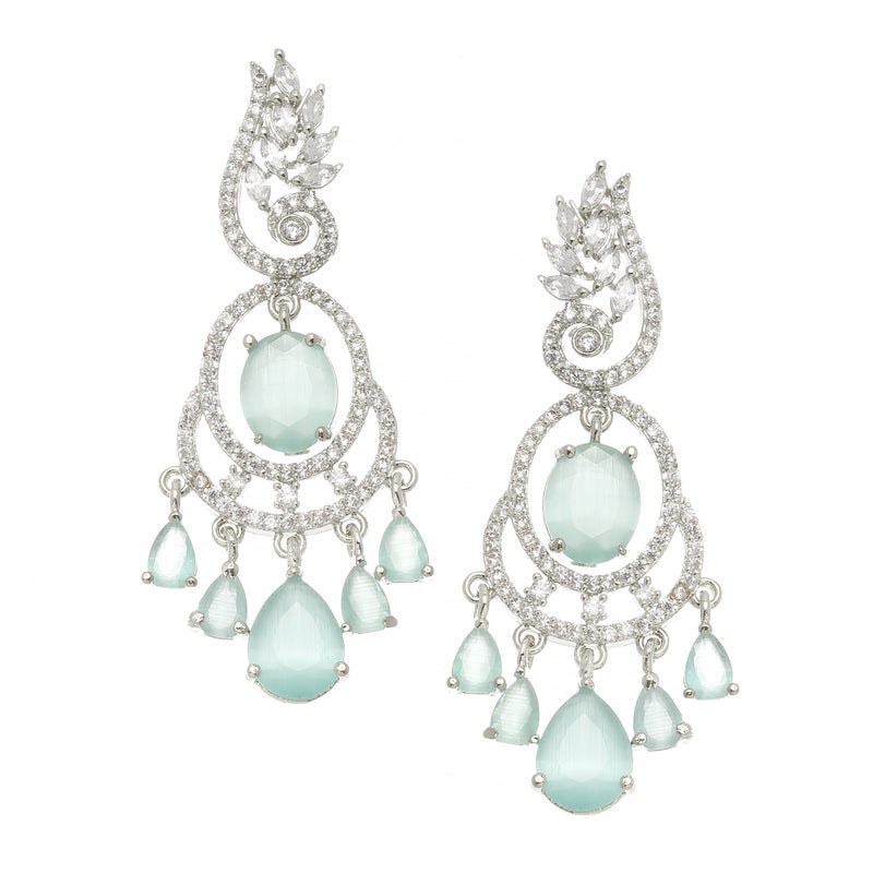 Rhodium-Plated Sea Green & White American Diamond studded Oval & Leaf Shaped Drop Earrings