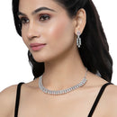 Rhodium-Plated Pink & Sea Green Round Shape American Diamonds Studded Necklace & Earrings Jewellery Set