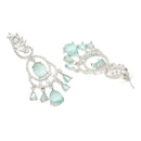 Rhodium Plated Oval Sea Green American Diamond Contemporary Long Drop Earrings