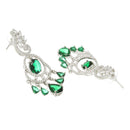 Rhodium Plated Oval Green AD Stone Contemporary Long Drop Earrings