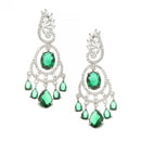 Rhodium-Plated Green & White American Diamond studded Oval & Leaf Shaped Drop Earrings